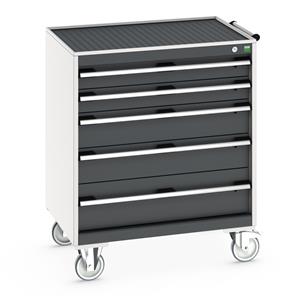 Bott Cubio 5 Drawer Mobile Cabinet with external dimensions of 800mm wide x 650mm deep  x 985mm high. Each drawer has a 50kg U.D.L. capacity with 100% extension and the unit also features drawer blocking and safety interlocks.... Bott MobileTool Storage Cabinets 800 x 650